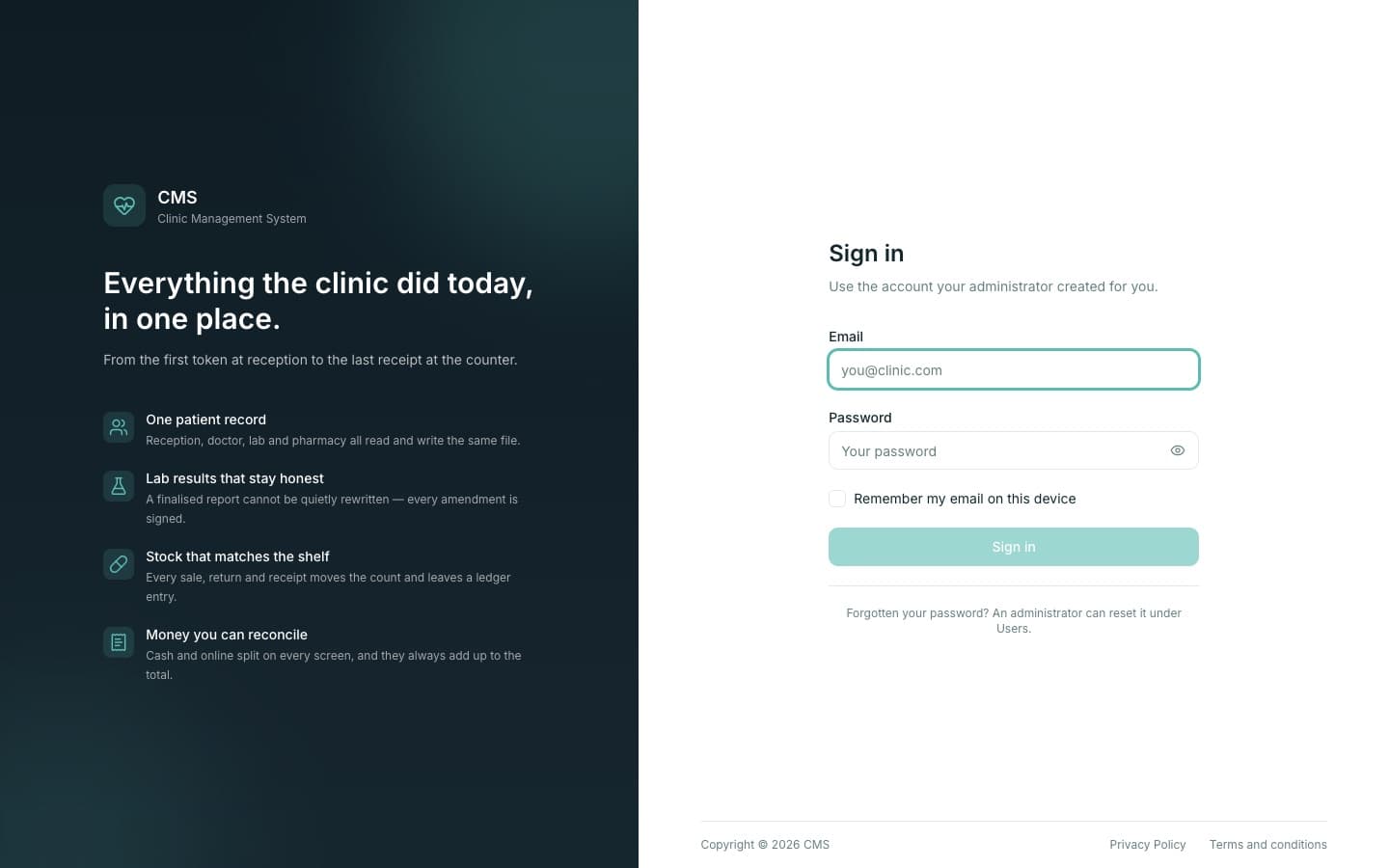 Clinic management system — Reception, doctor, lab, pharmacy and stock on one patient record.